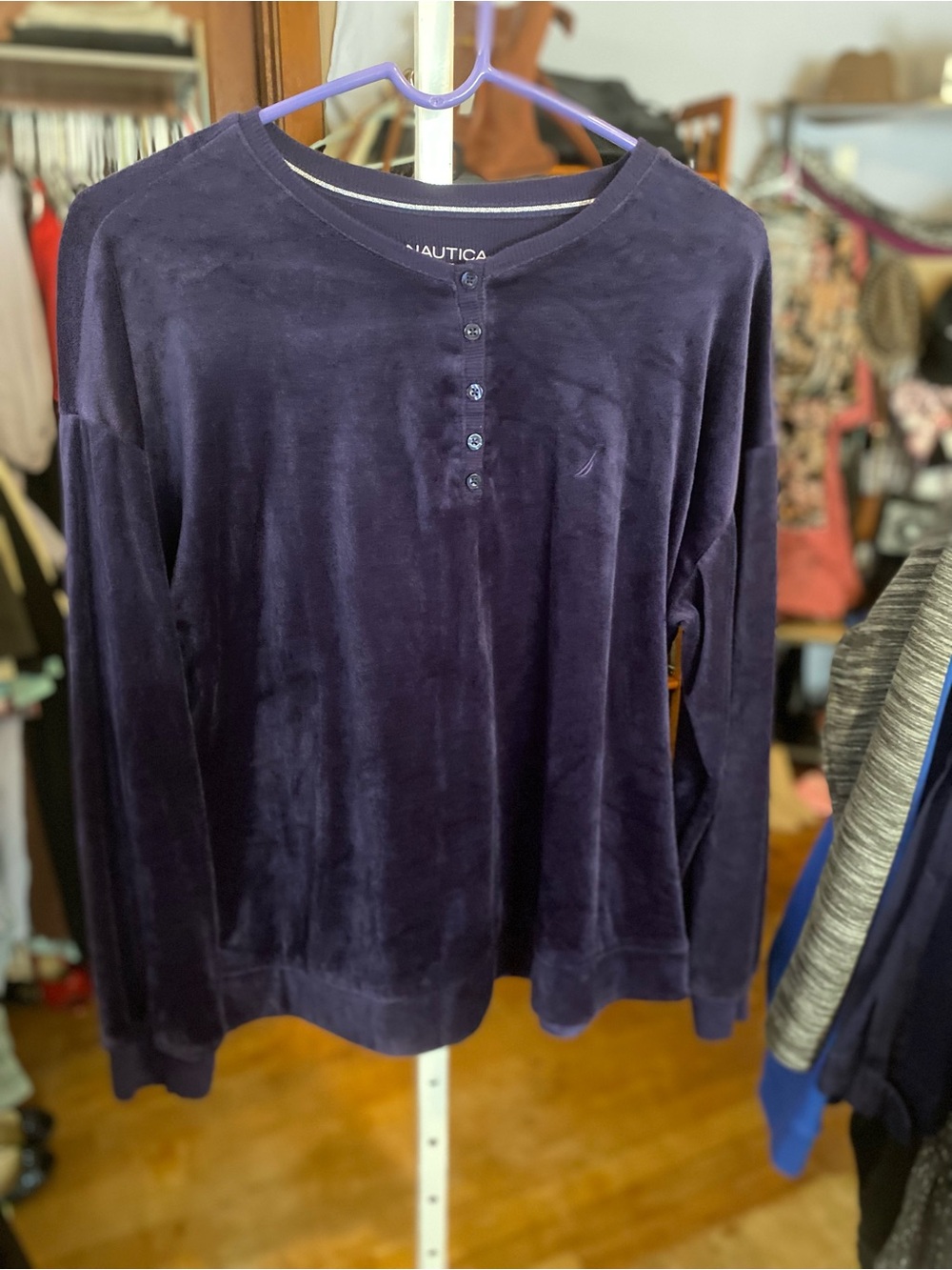 Nautica Crewneck Top in Navy with quarter botton down